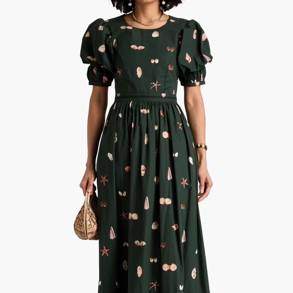 Agua by Agua Bendita Green Seashell Print Puff Sleeve Maxi Dress S